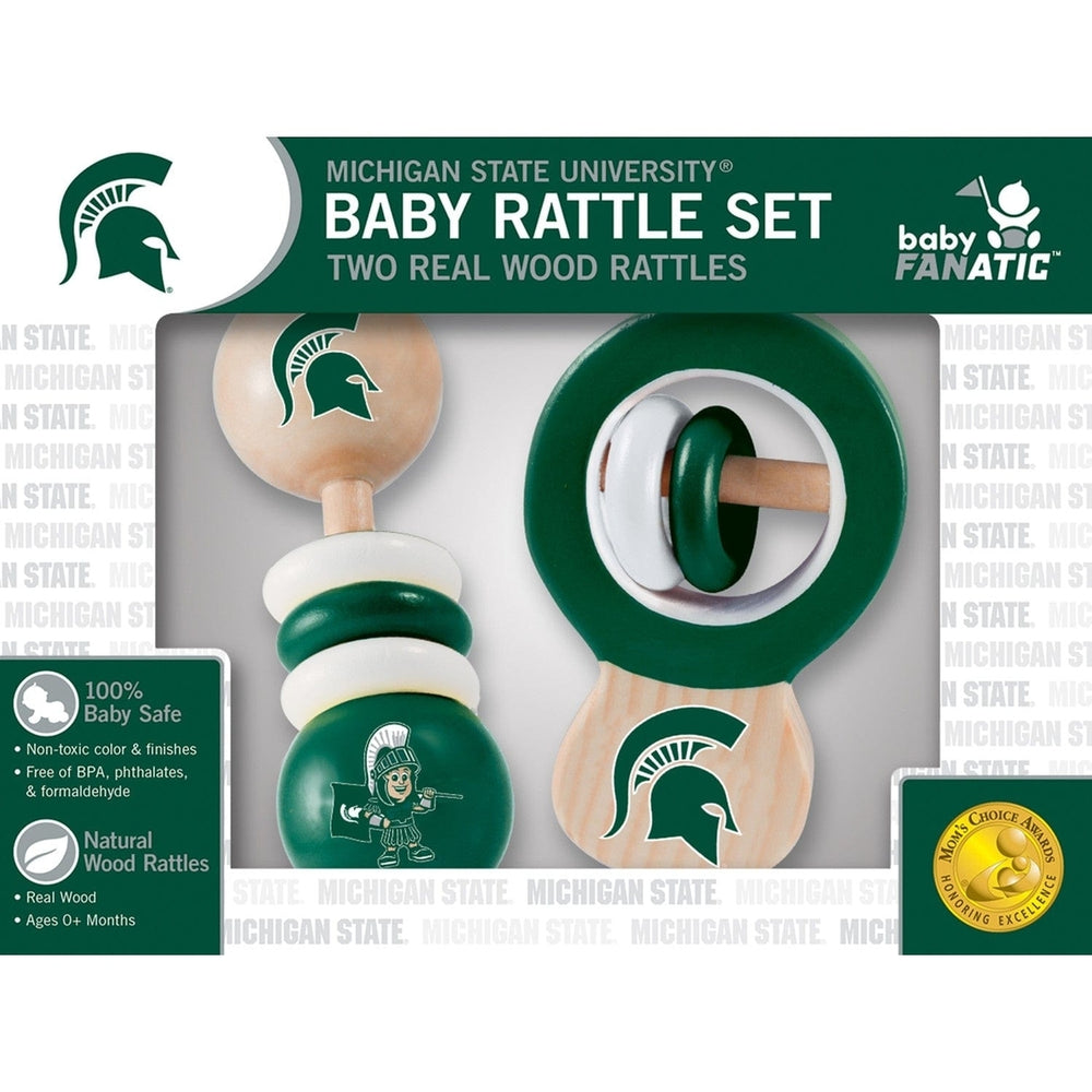 Michigan State Spartans Baby Rattles 2-Pack Safe Wood Toys for Infant Development Image 2