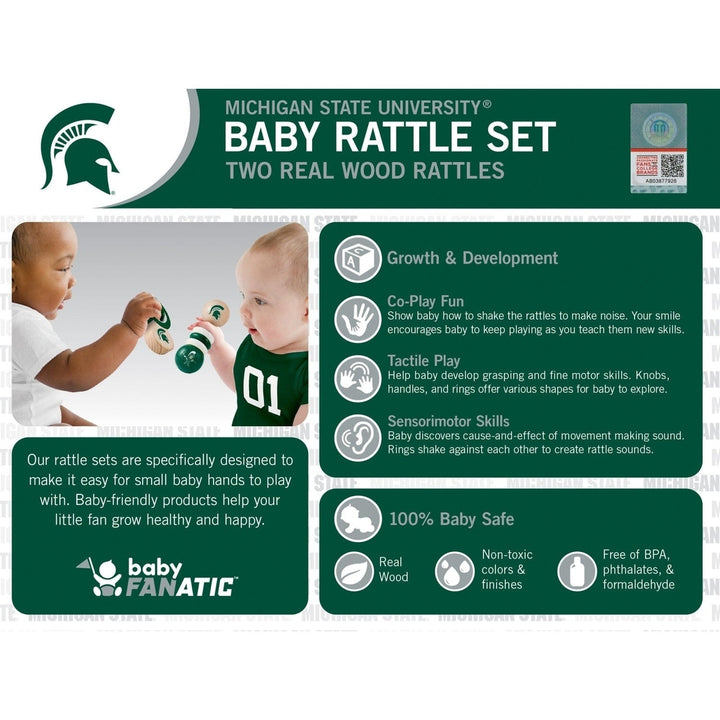 Michigan State Spartans Baby Rattles 2-Pack Safe Wood Toys for Infant Development Image 3