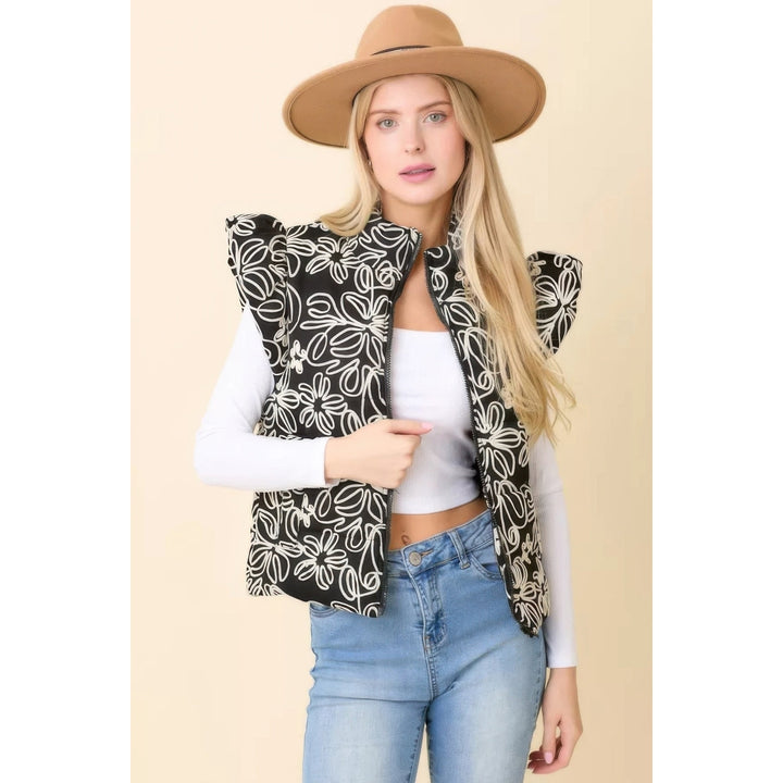 Floral Velvet Embroidered Denim Puffer Vest Image 1