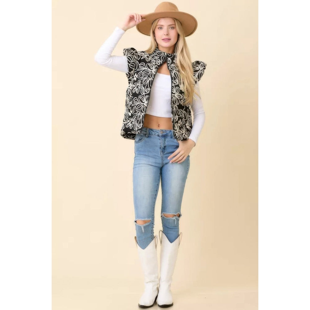 Floral Velvet Embroidered Denim Puffer Vest Image 2