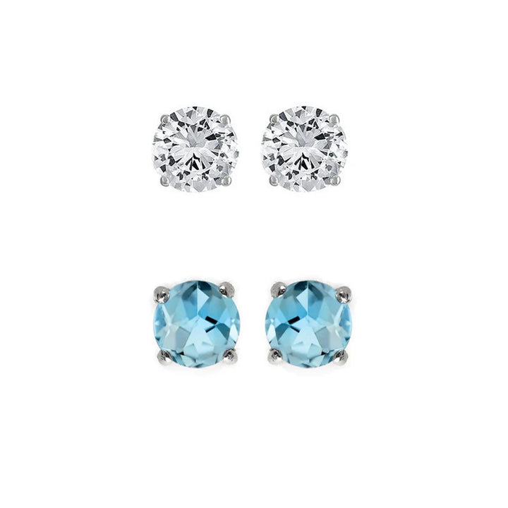 Paris Jewelry 18k White Gold 3Ct Created White Sapphire and Blue Topaz 2 Pairs Round Stud Earrings Plated Image 1