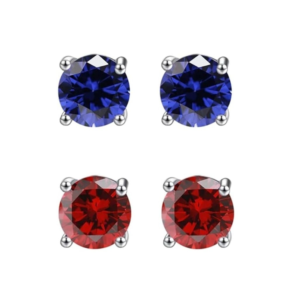 Paris Jewelry 18k White Gold 4Ct Created Blue Sapphire and Ruby 2 Pairs Round Stud Earrings Plated Image 1