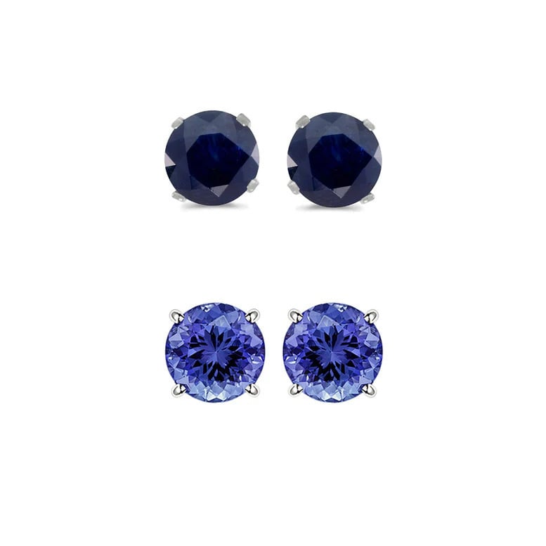 Paris Jewelry 18k White Gold 4Ct Created Black Sapphire and Tanzanite 2 Pairs Round Stud Earrings Plated Image 1