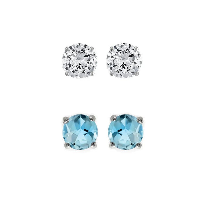 Paris Jewelry 18k White Gold 4Ct Created White Sapphire and Blue Topaz 2 Pairs Round Stud Earrings Plated Image 1