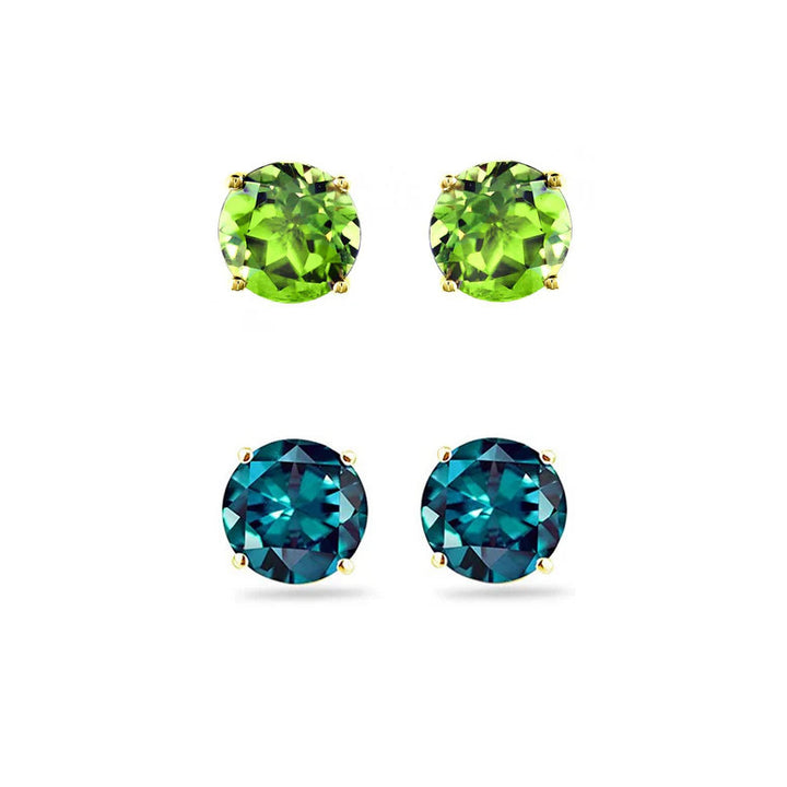 Paris Jewelry 18k Yellow Gold 1/2Ct Created Peridot and Alexandrite 2 Pairs Round Stud Earrings Plated Image 1