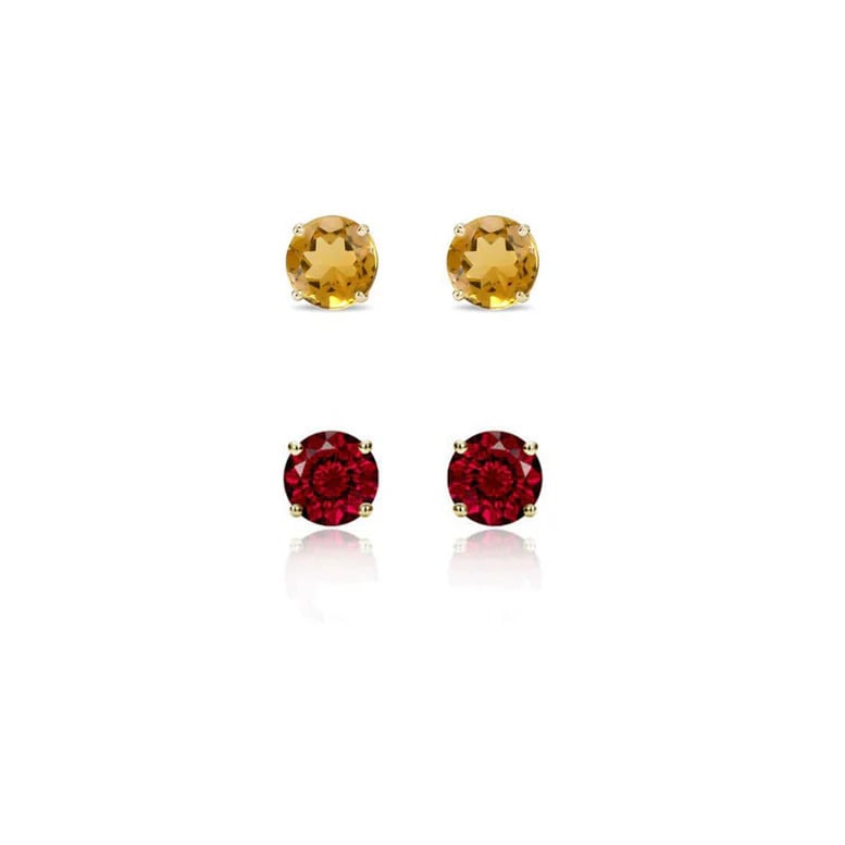 Paris Jewelry 18k Yellow Gold 1/2Ct Created Citrine and Garnet 2 Pairs Round Stud Earrings Plated Image 1