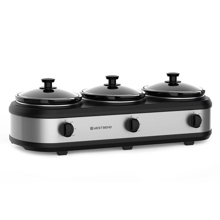 West Bend Triple Slow Cooker 3 x 2.5 Qt. in Black and Stainless Steel Image 1