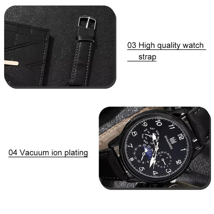 Fashion Mens Watches Wallet Glasses For Men Retro Black Bussiness Casual Watch Image 9