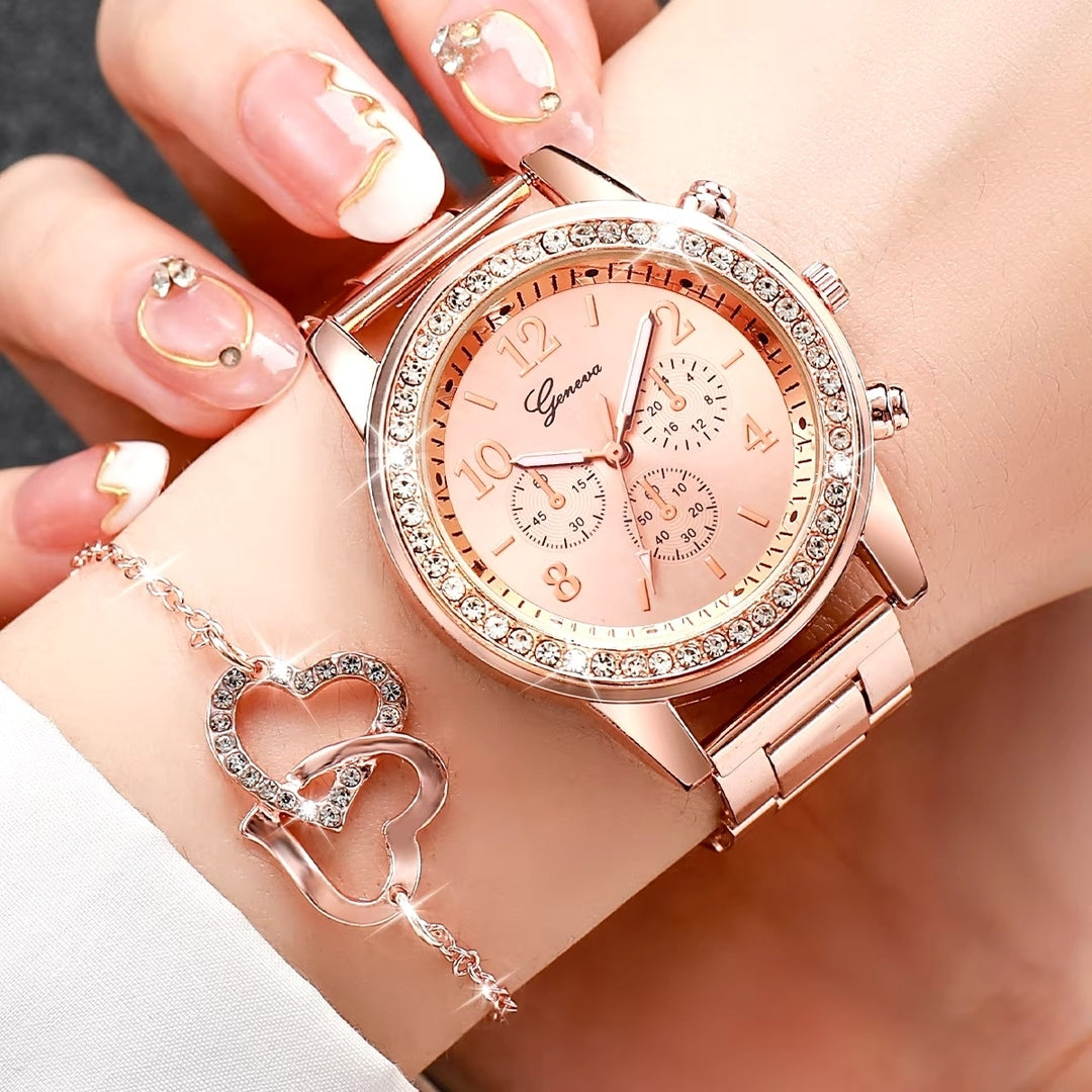 6PCS/Set Womens Watch Fashion Rhinestone Quartz Watch Double Heart Jewelry Image 1