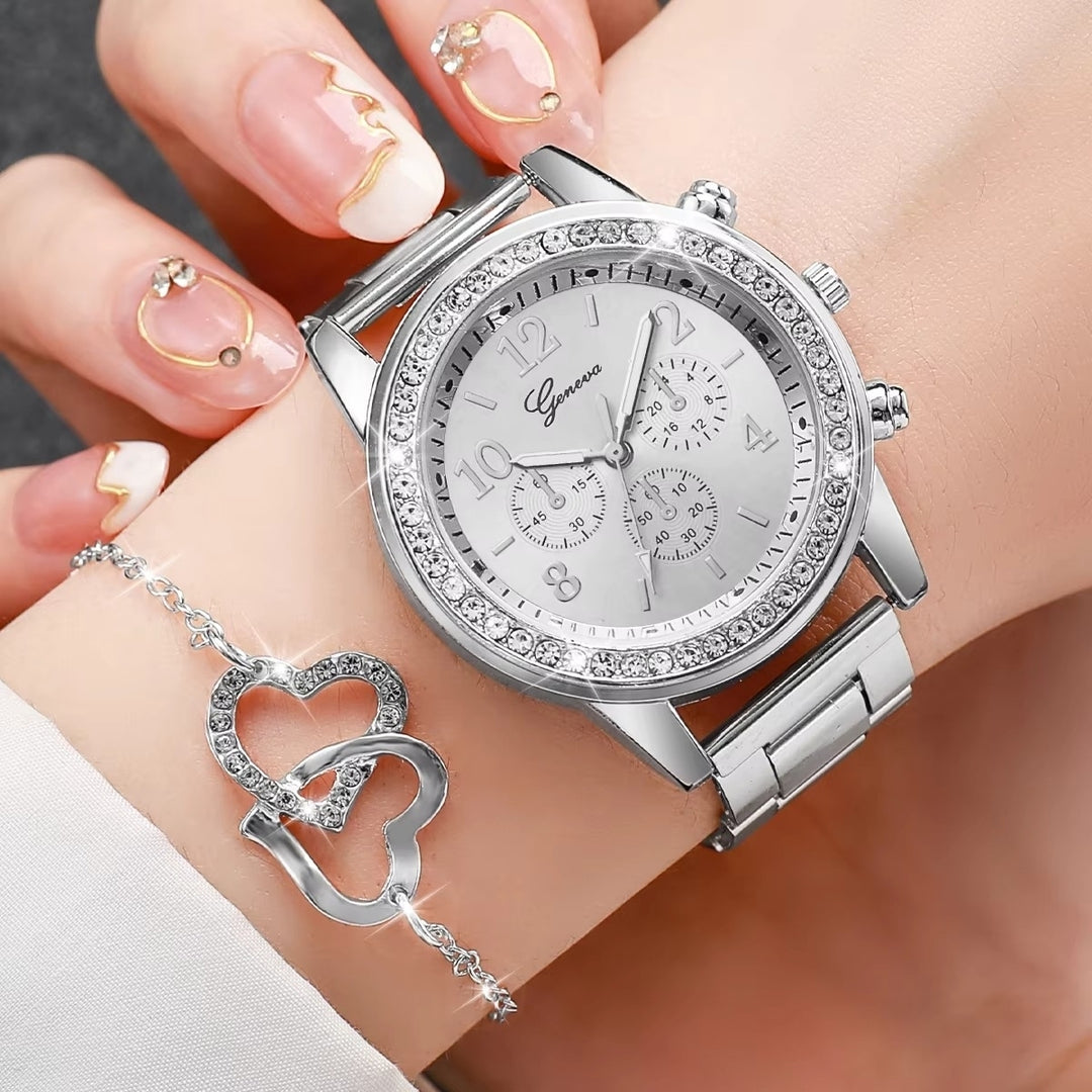 6PCS/Set Womens Watch Fashion Rhinestone Quartz Watch Double Heart Jewelry Image 2