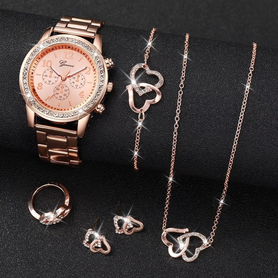 6PCS/Set Womens Watch Fashion Rhinestone Quartz Watch Double Heart Jewelry Image 4