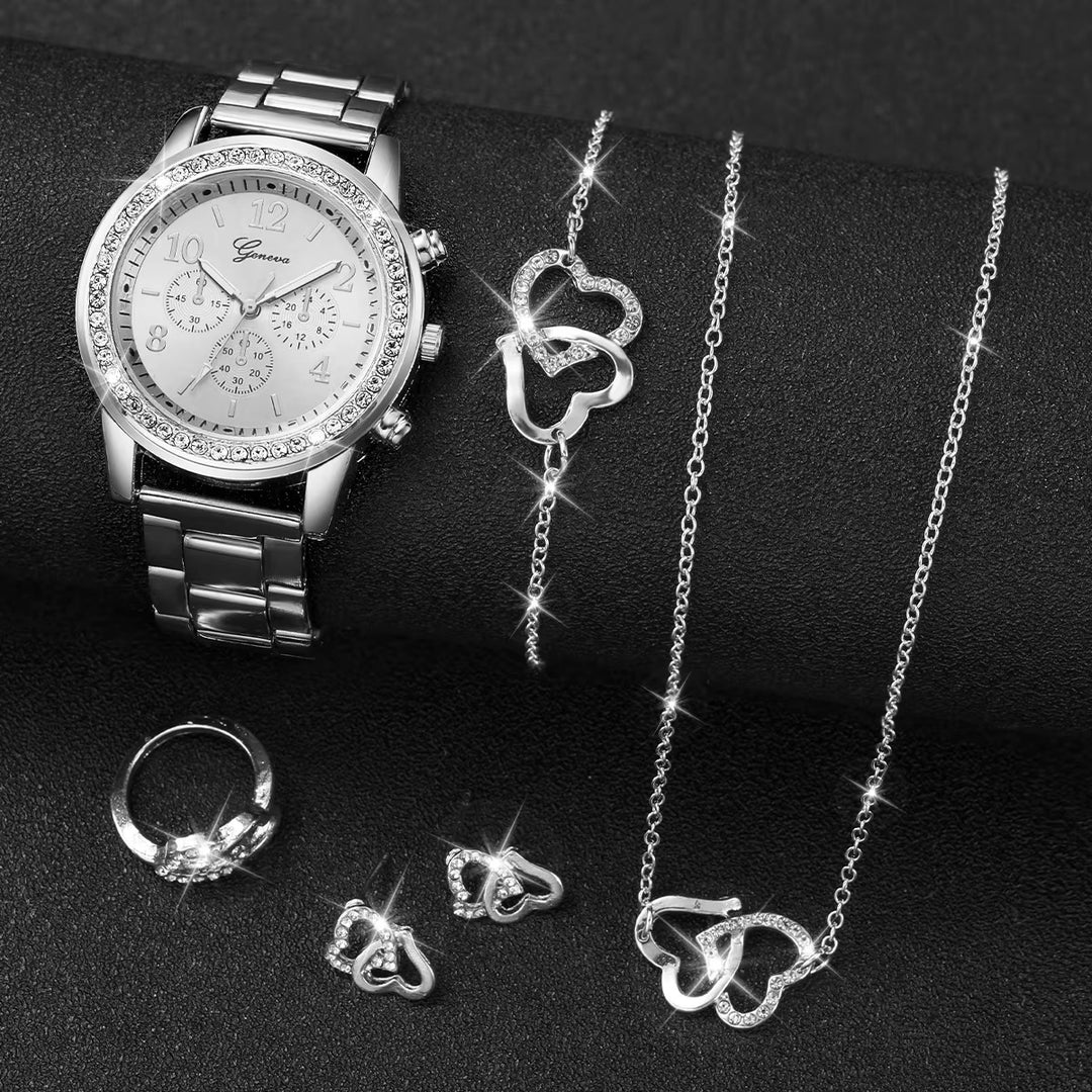 6PCS/Set Womens Watch Fashion Rhinestone Quartz Watch Double Heart Jewelry Image 6