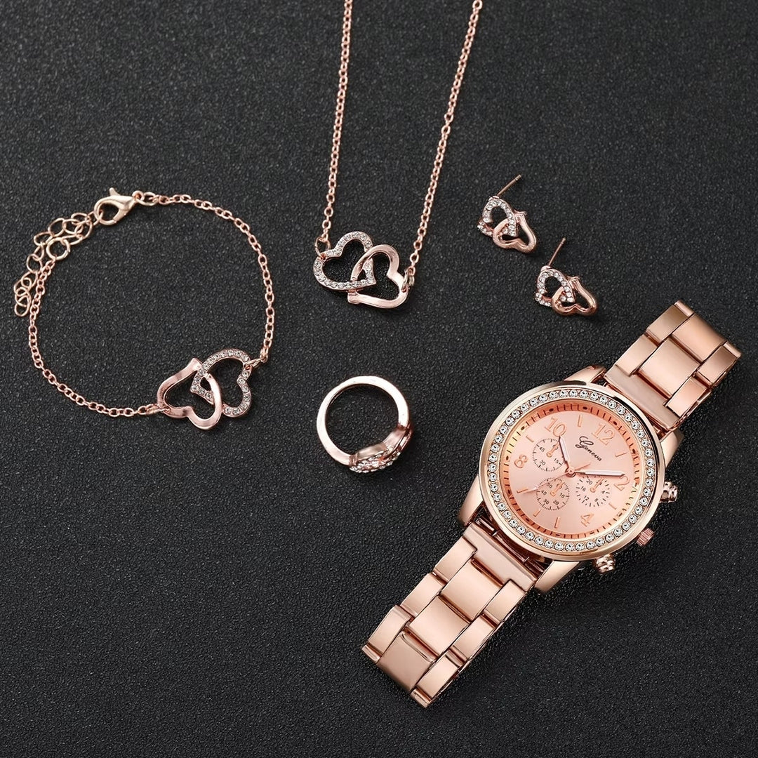 6PCS/Set Womens Watch Fashion Rhinestone Quartz Watch Double Heart Jewelry Image 7