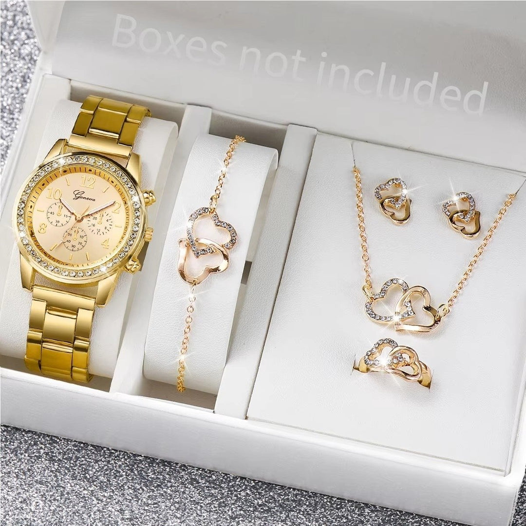 6PCS/Set Womens Watch Fashion Rhinestone Quartz Watch Double Heart Jewelry Image 1