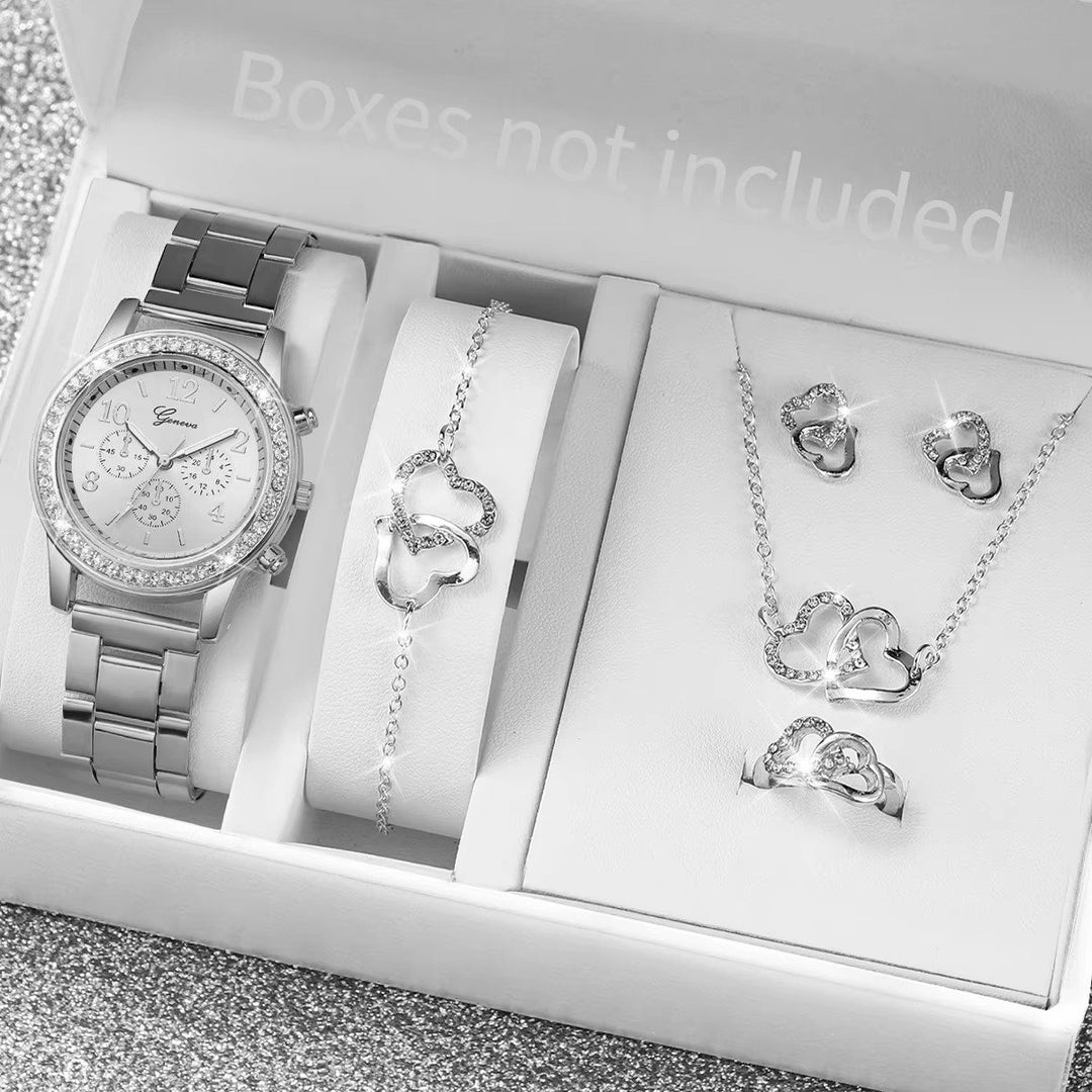 6PCS/Set Womens Watch Fashion Rhinestone Quartz Watch Double Heart Jewelry Image 11