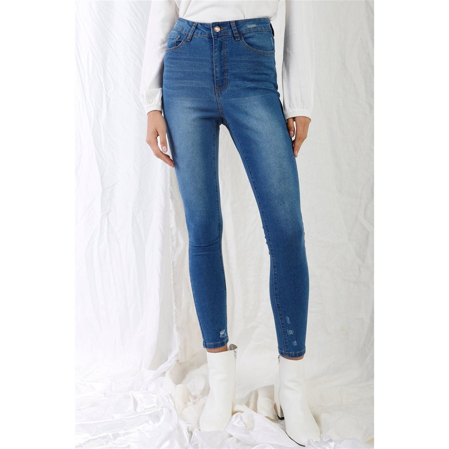 Mid Blue High-waisted With Rips Skinny Denim Jeans Image 1