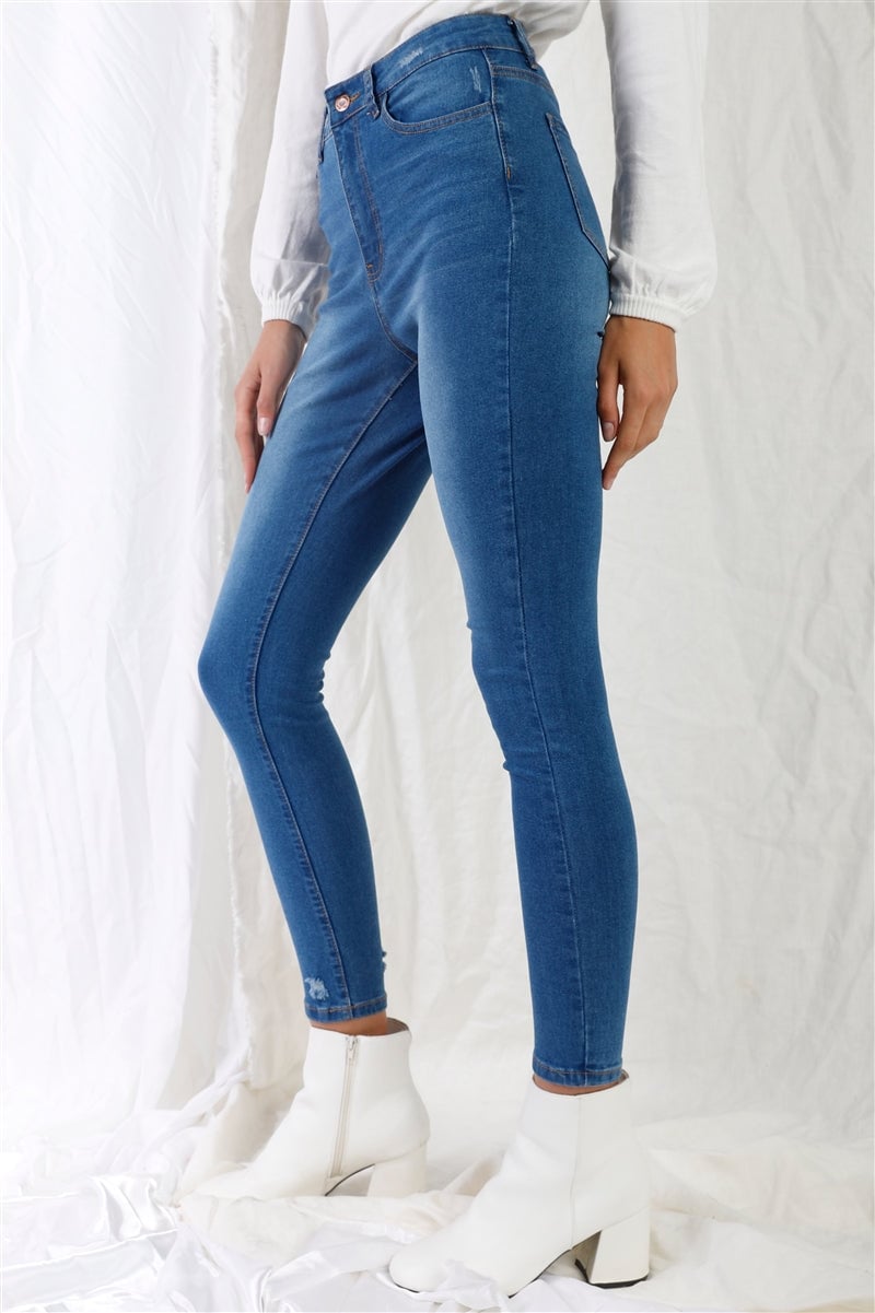 Mid Blue High-waisted With Rips Skinny Denim Jeans Image 3