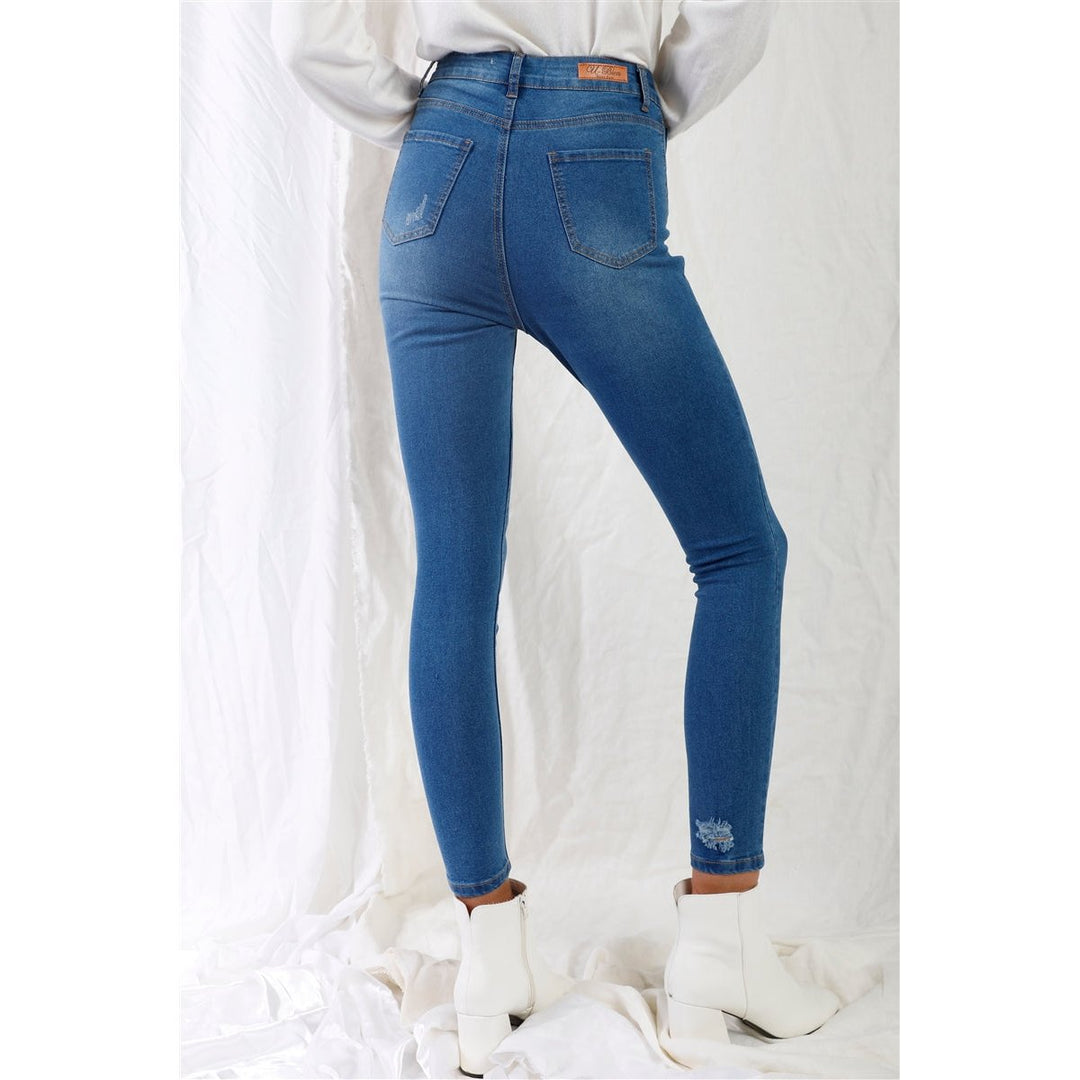 Mid Blue High-waisted With Rips Skinny Denim Jeans Image 4