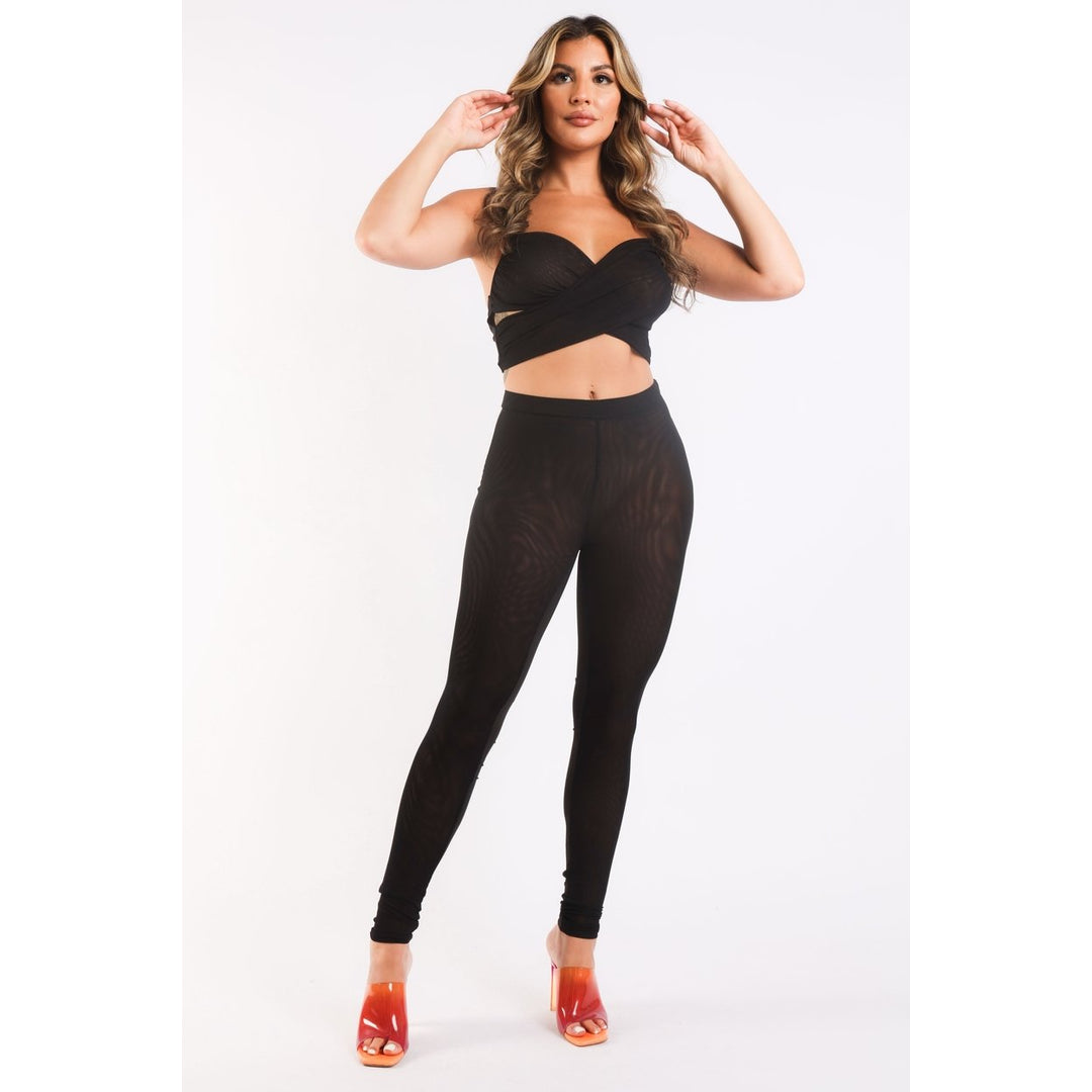 Mesh Contrast Sets Casual Sports Strappy Sleeve Top and Leggings BLACK Image 1