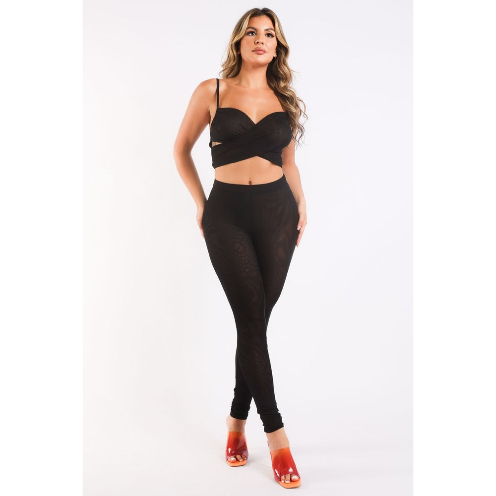 Mesh Contrast Sets Casual Sports Strappy Sleeve Top and Leggings BLACK Image 2