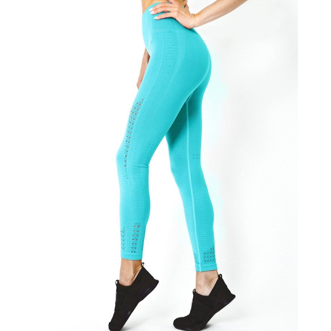 Mesh Seamless Legging with Ribbing Detail - Aqua Image 3