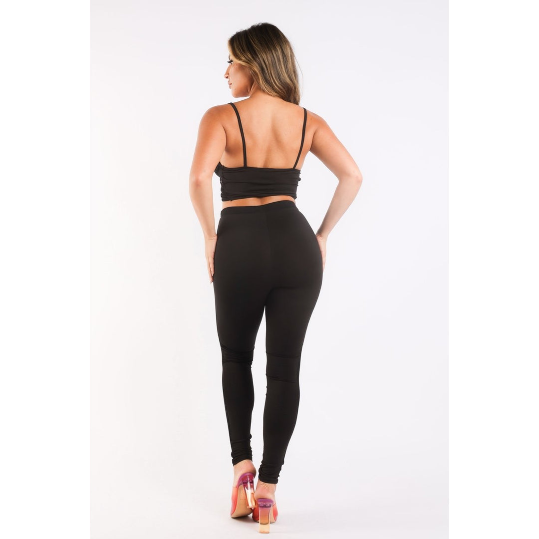 Mesh Contrast Sets Casual Sports Strappy Sleeve Top and Leggings BLACK Image 3