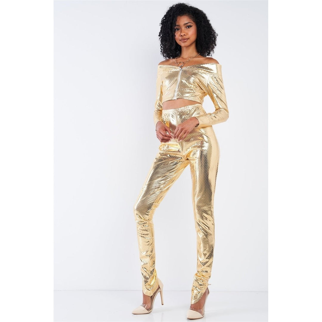 Metallic Small Scales Print Long Sleeve Off-the-shoulder Cropped Top And High Waist Slim Fit Legging Set Image 1