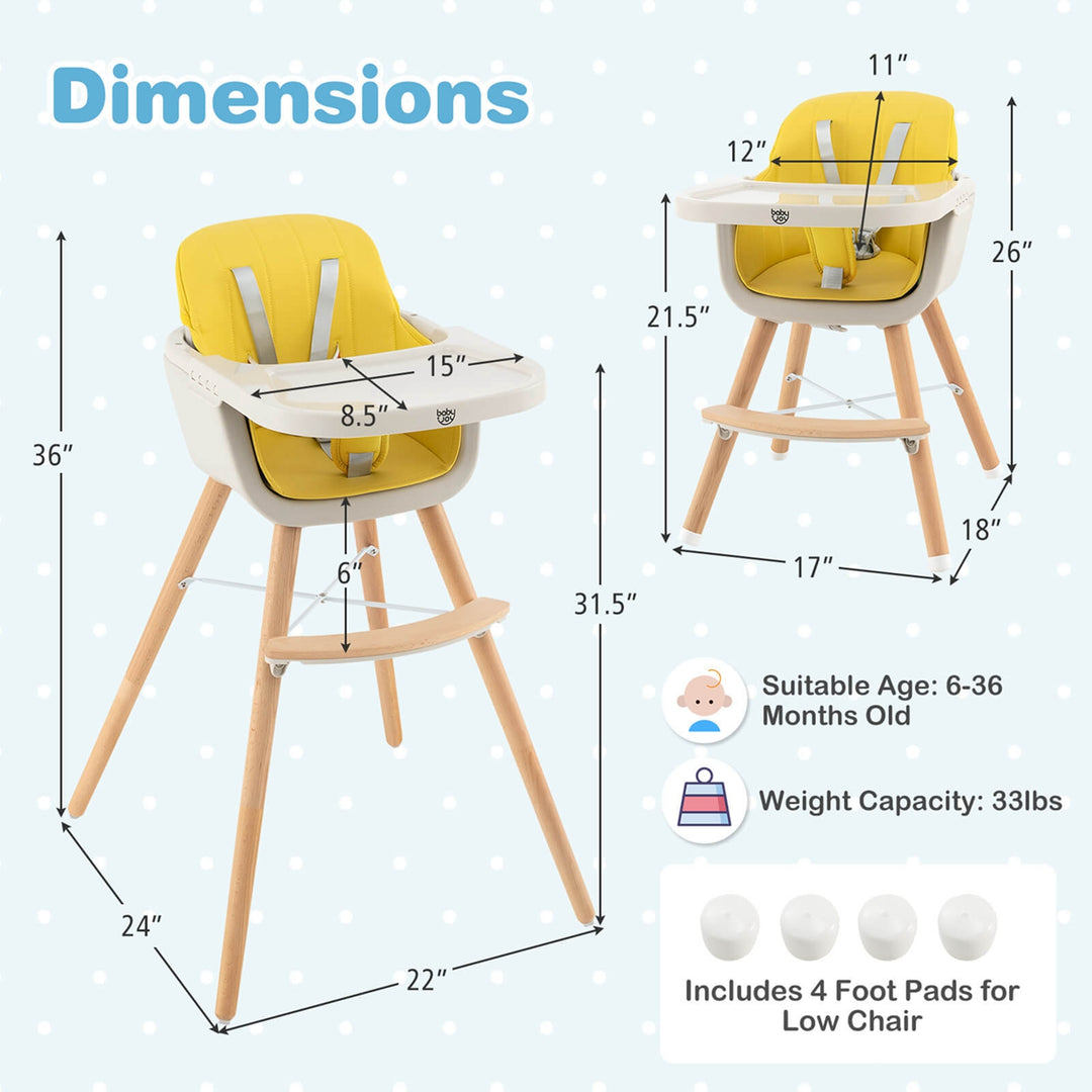 Babyjoy 3 in 1 Convertible Wooden High Chair Baby Toddler w/ Cushion Yellow Image 3