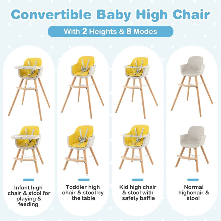 Babyjoy 3 in 1 Convertible Wooden High Chair Baby Toddler w/ Cushion Yellow Image 4