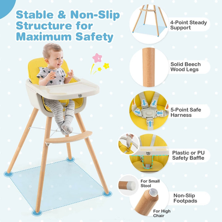 Babyjoy 3 in 1 Convertible Wooden High Chair Baby Toddler w/ Cushion Yellow Image 7