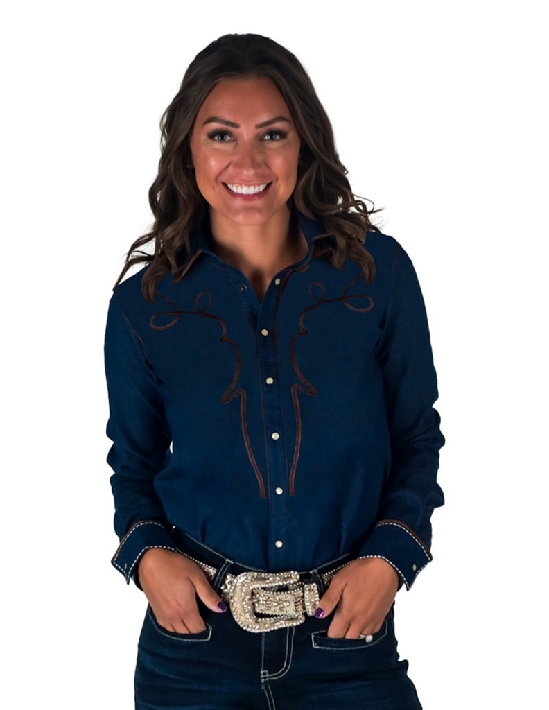 Cowgirl Tuff Western Shirt Womens L/S Denim Suede Blue 100917 Image 1