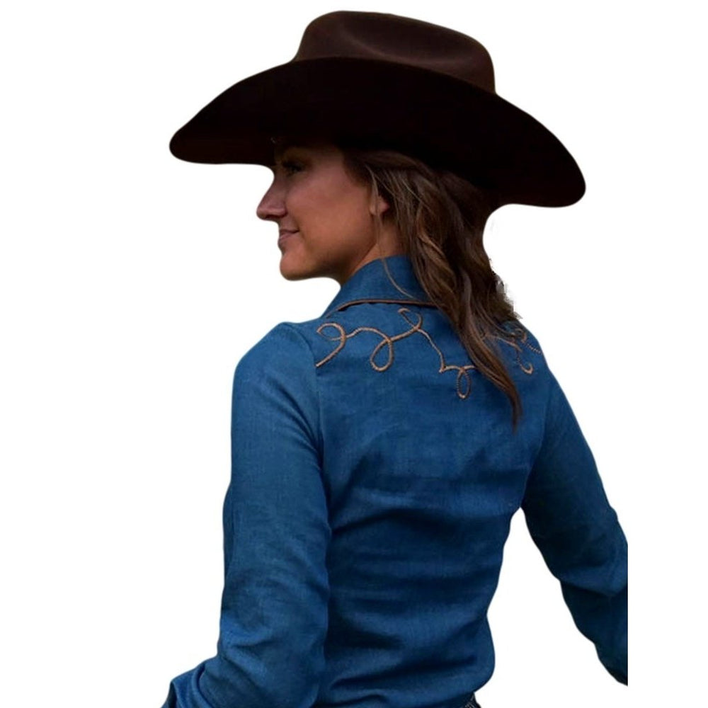 Cowgirl Tuff Western Shirt Womens L/S Denim Suede Blue 100917 Image 2