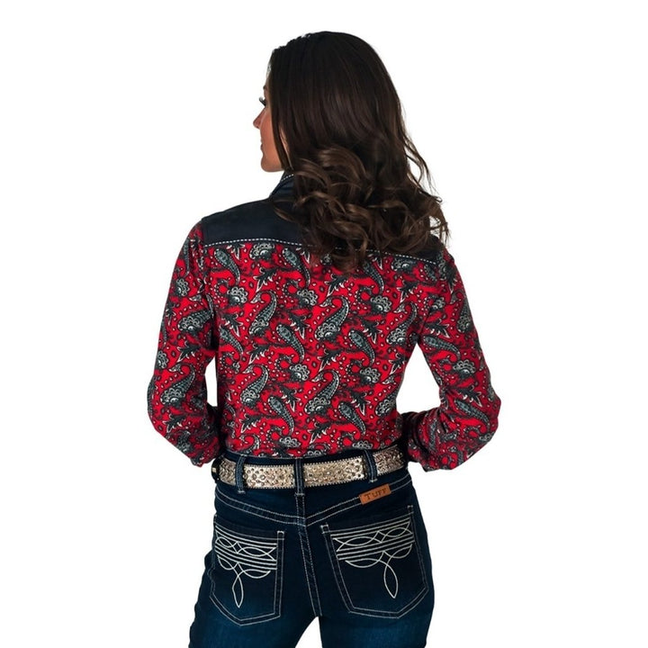 Cowgirl Tuff Western Shirt Womens L/S Paisley Suede Trim Red 100914 Image 2