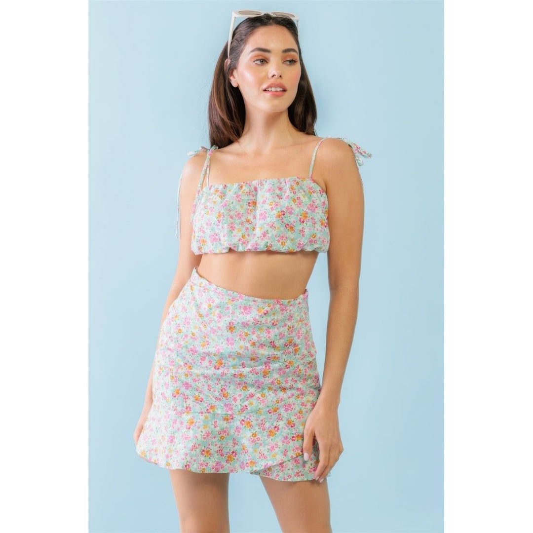 Mint Fuchsia Print Cotton Sleeveless Strappy Crop Top and High Waist Wrap Hem Mini Skirt Set Image 1