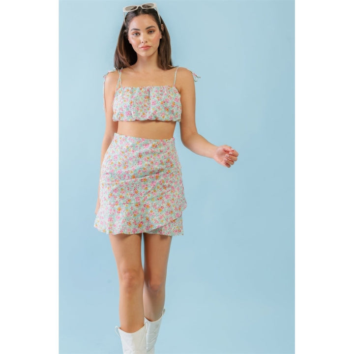 Mint Fuchsia Print Cotton Sleeveless Strappy Crop Top and High Waist Wrap Hem Mini Skirt Set Image 2