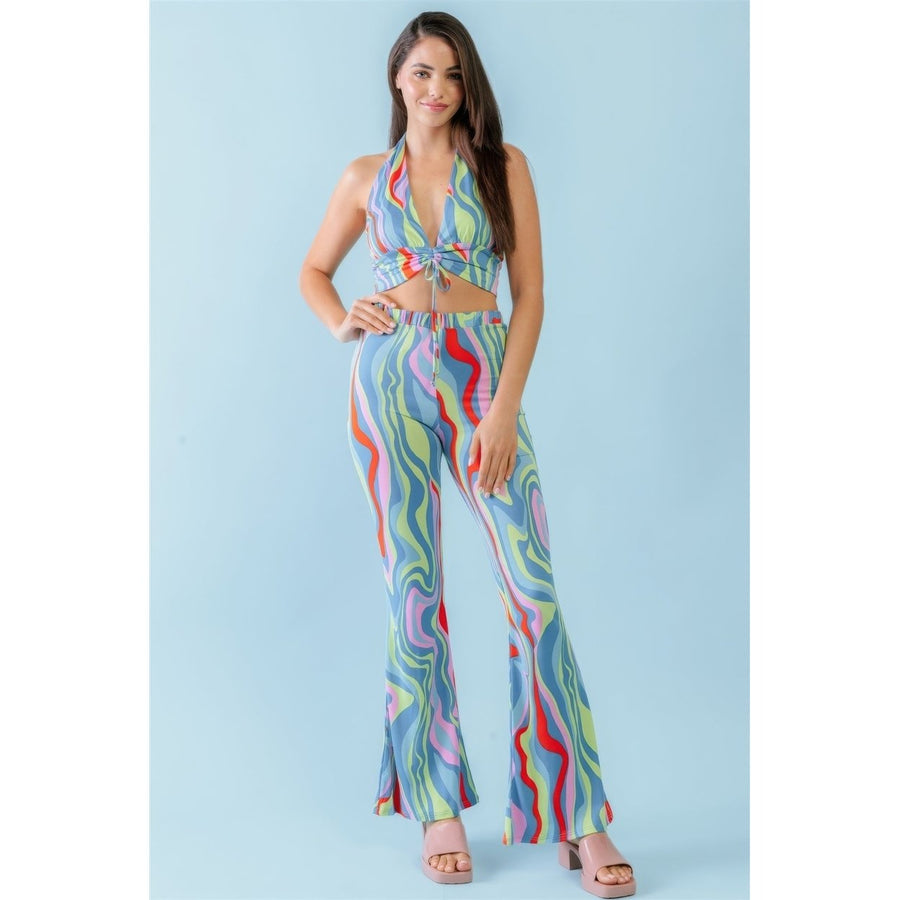 Multicolor Abstract Print Halter V-neck Ruched Open Back Crop Top and High Waist Pants Set Image 1