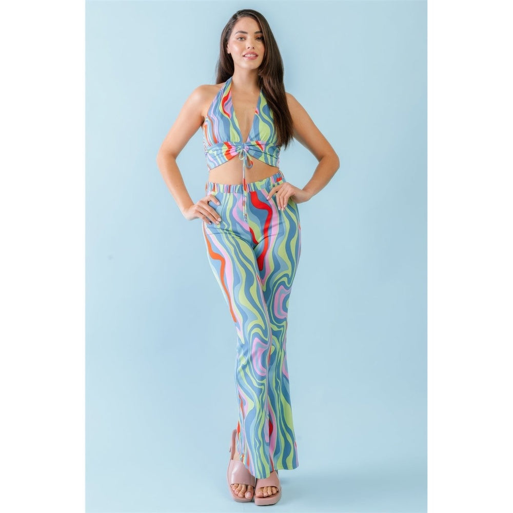 Multicolor Abstract Print Halter V-neck Ruched Open Back Crop Top and High Waist Pants Set Image 2