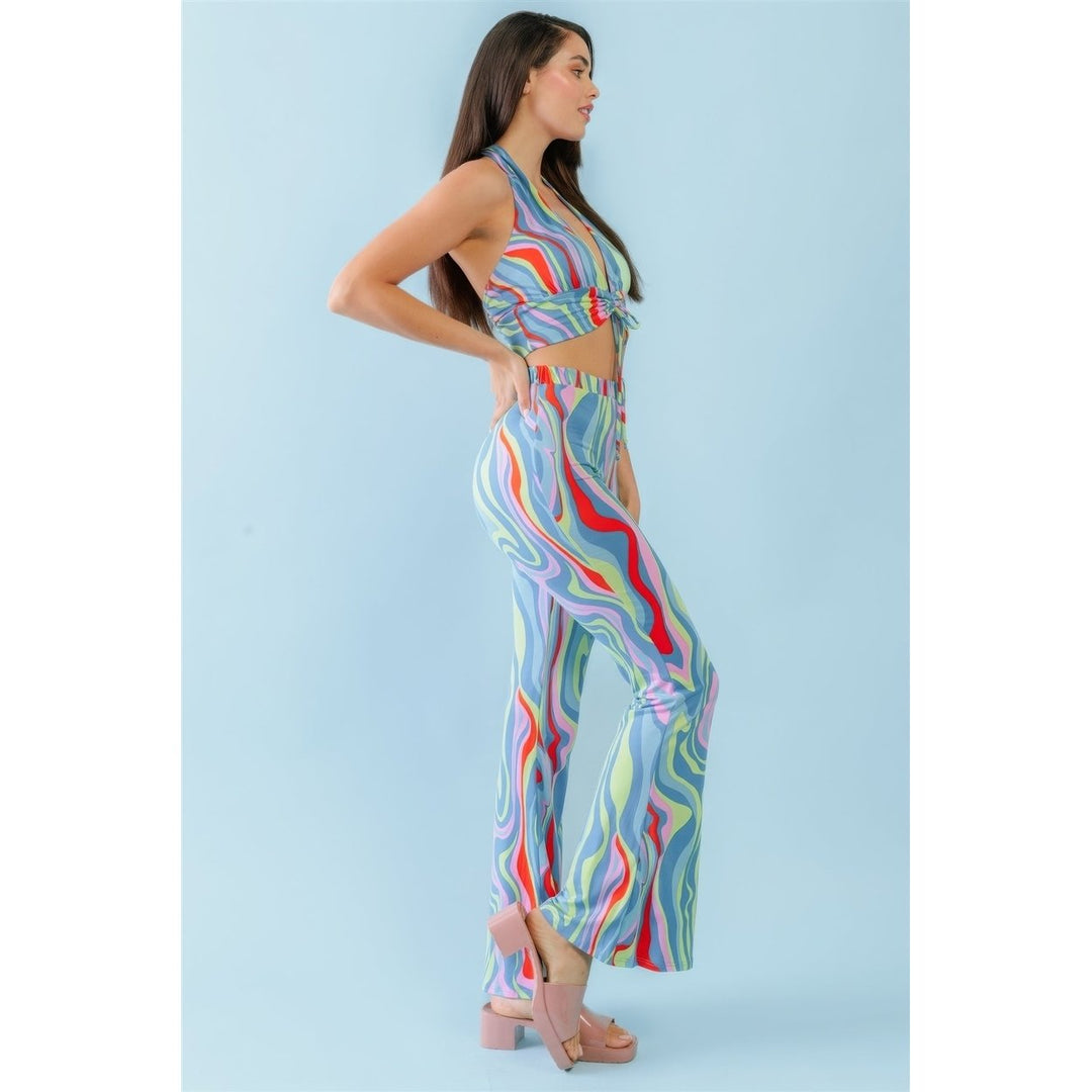 Multicolor Abstract Print Halter V-neck Ruched Open Back Crop Top and High Waist Pants Set Image 3