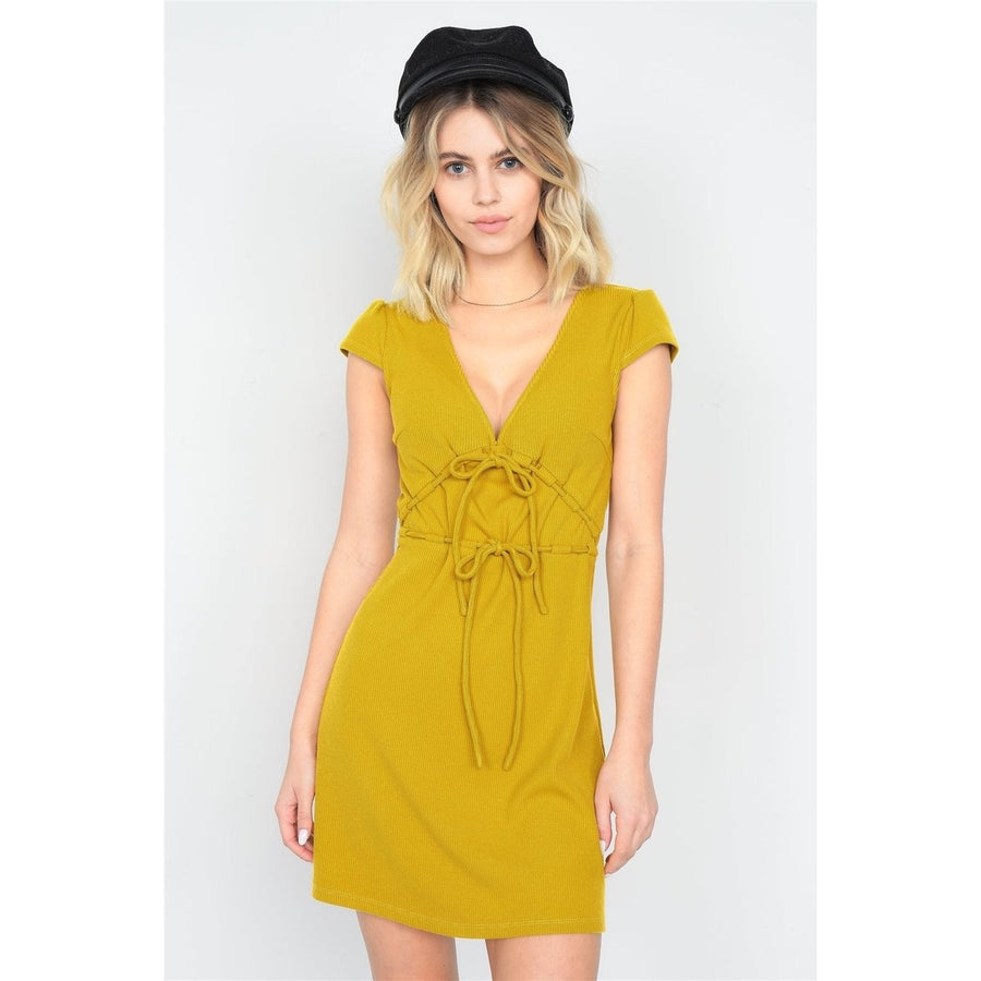 Mustard Ribbed V-neck Cap Sleeve Mini Solid Casual Dress Image 1