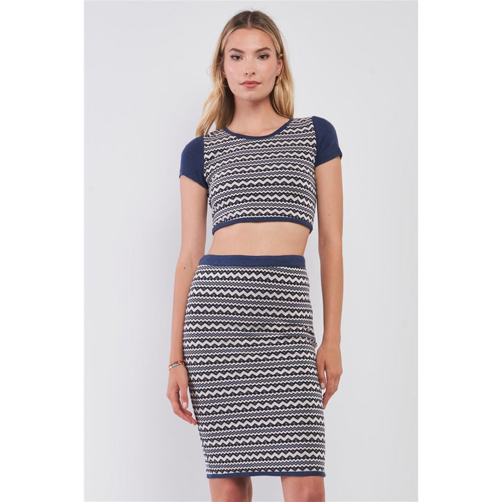 Navy and White Geometrical Pattern Short Sleeve Crop Top and High-waisted Pencil Skirt Two Piece Set Image 1