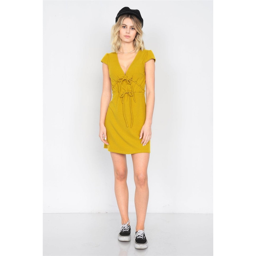 Mustard Ribbed V-neck Cap Sleeve Mini Solid Casual Dress Image 2