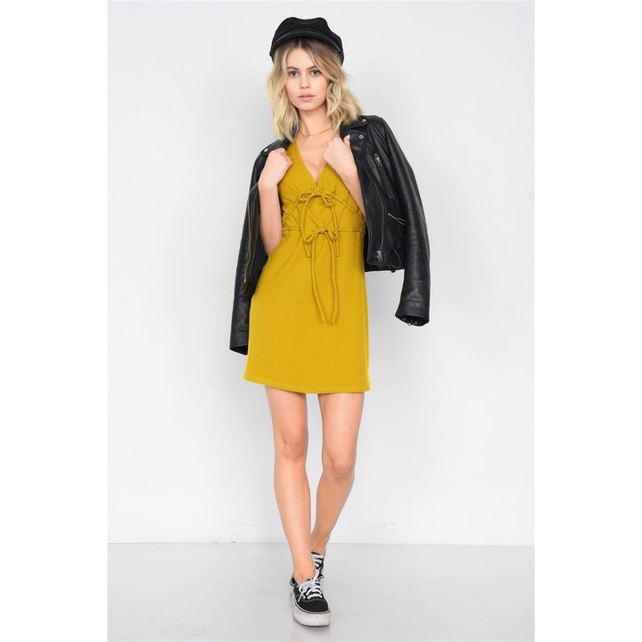 Mustard Ribbed V-neck Cap Sleeve Mini Solid Casual Dress Image 3