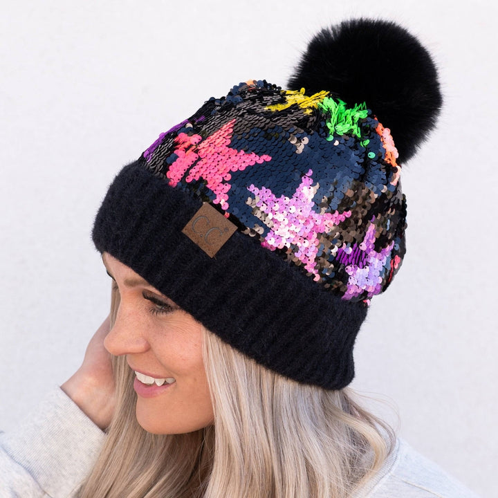 Neon Star Sequin Faux faux Pom Beanie Adult and Kid Sizes Image 1