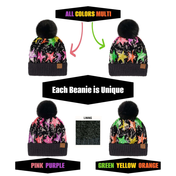 Neon Star Sequin Faux faux Pom Beanie Adult and Kid Sizes Image 2