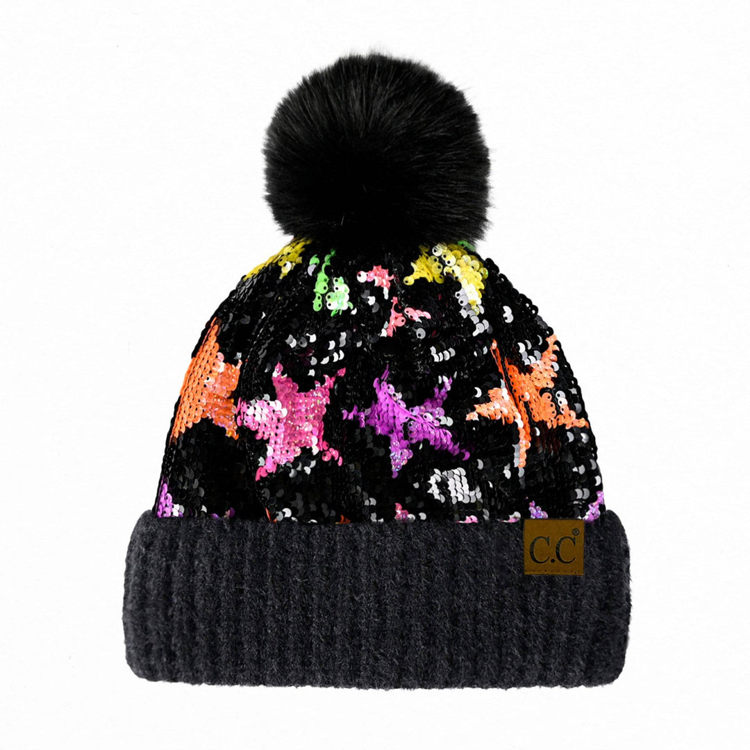 Neon Star Sequin Faux faux Pom Beanie Adult and Kid Sizes Image 3