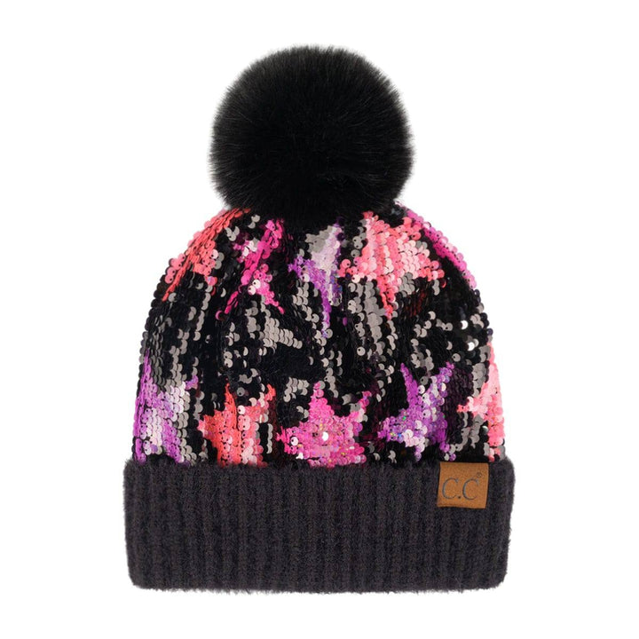 Neon Star Sequin Faux faux Pom Beanie Adult and Kid Sizes Image 4