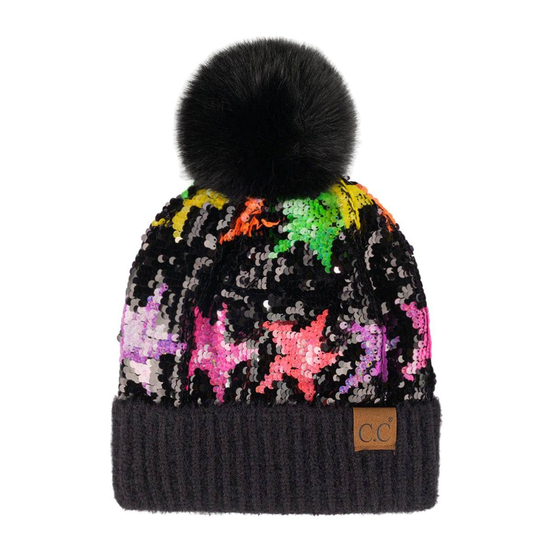 Neon Star Sequin Faux faux Pom Beanie Adult and Kid Sizes Image 4