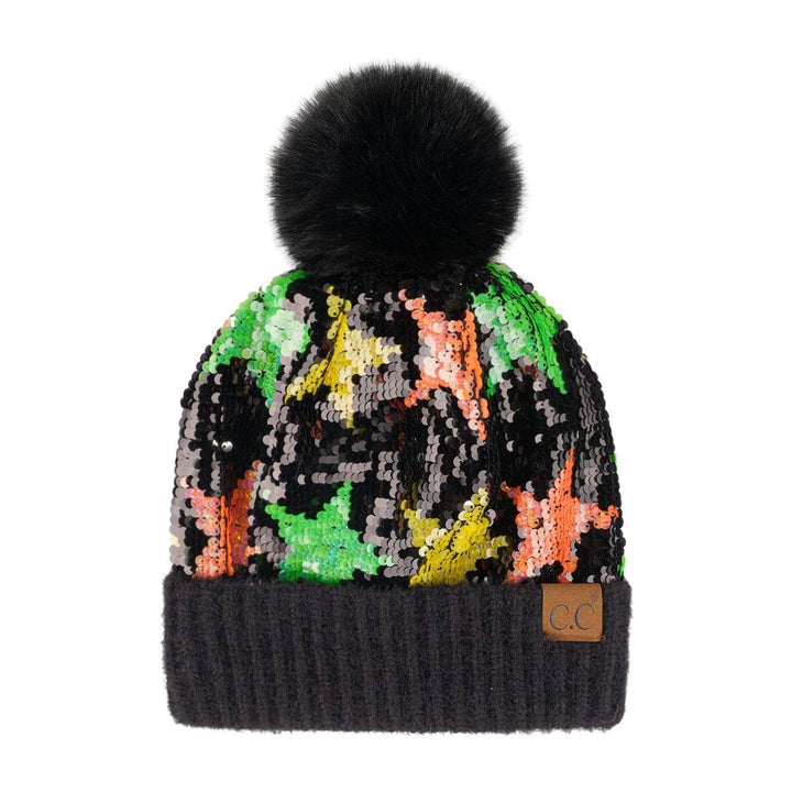 Neon Star Sequin Faux faux Pom Beanie Adult and Kid Sizes Image 6