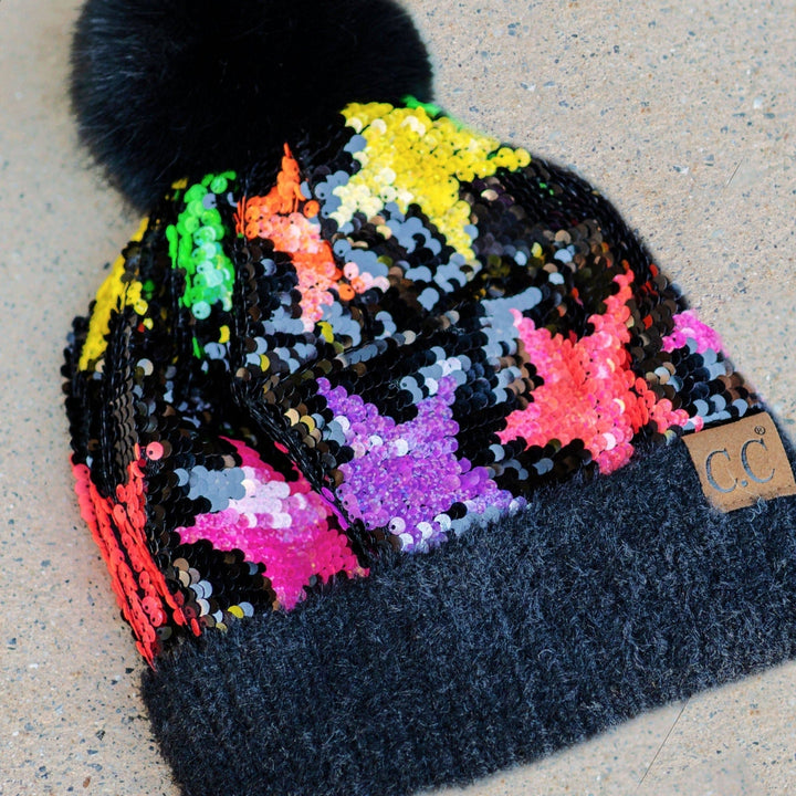 Neon Star Sequin Faux faux Pom Beanie Adult and Kid Sizes Image 7