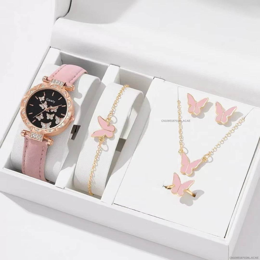 Womens Watch and Jewelry Set  Butterfly Leather Strap Watch with Ring (No Box) Image 1